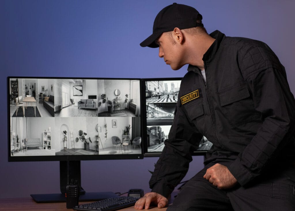 Técnico ajustando DVR com tela escura 