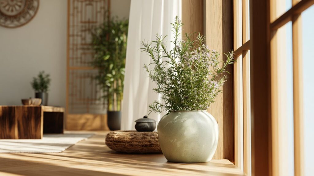 Uma mulher sorridente segura um vaso da planta que ajuda contra gripe, em uma cozinha iluminada
