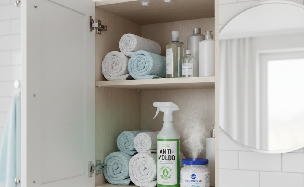 Mãos colocando varetas em um frasco de aromatizador de ambiente em uma bancada de madeira.