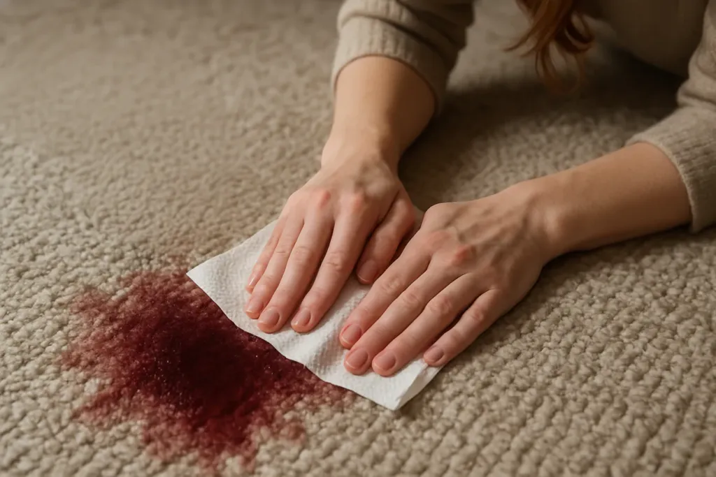 Mulher frustrada olhando para uma mancha vermelha de vinho em um tapete claro, com um saleiro na mão, antes de saber como tirar mancha de vinho corretamente.