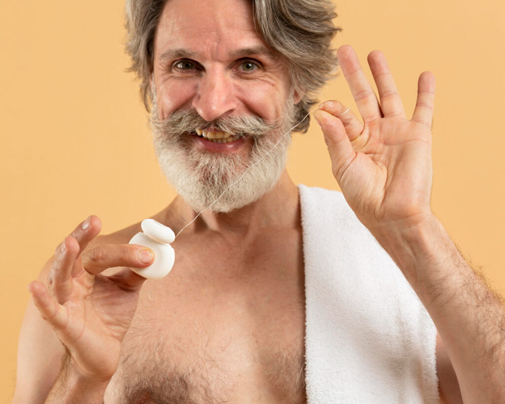 Idoso sorrindo ao segurar em uma barra de apoio para evitar quedas no banheiro, sentindo-se mais seguro e independente.