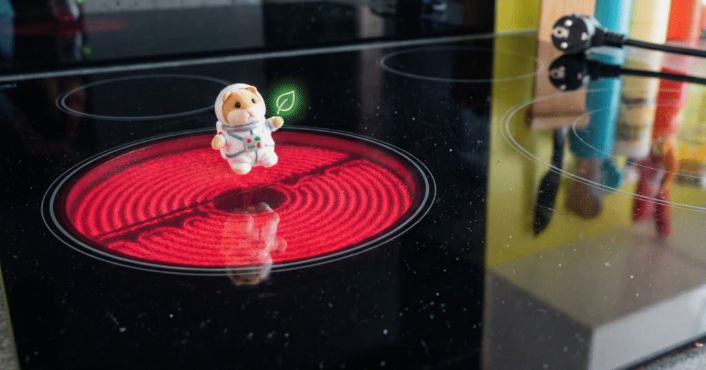 Mulher sorrindo enquanto cozinha em um moderno cooktop a gás ou indução, refletindo a decisão de compra.