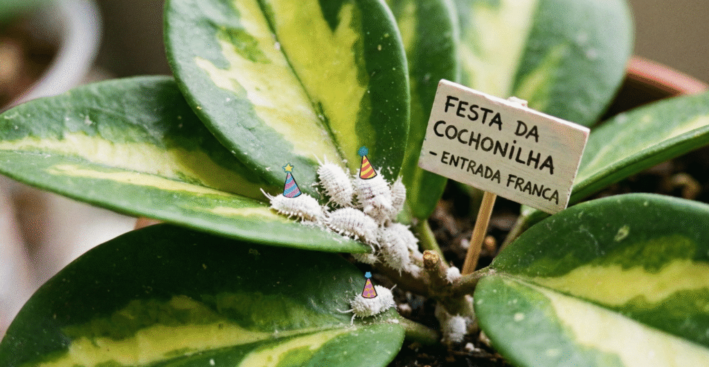 Close-up de folhas de plantas com pequenas manchas brancas, indicando a presença de cochonilhas.