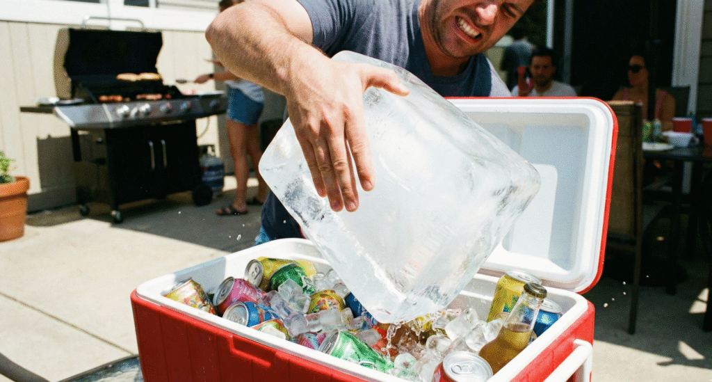 Close-up de cristais de sal sendo despejados sobre cubos de gelo para gelar bebida rápido.