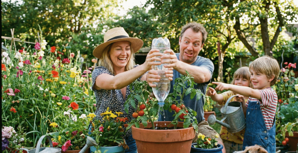 Uma pessoa alegre regando uma planta vigorosa em um jardim, simbolizando o sucesso de ter um Dedo Verde.